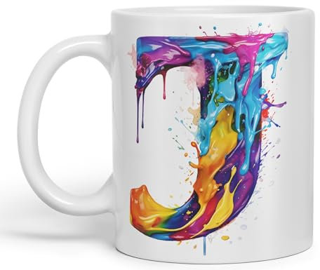 Vixar Letter J Mug, Alphabet Letter J Monogram Watercolour Ceramic Coloured Mug Cup for Tea Coffee Hot Brew 330ml 11Oz Gift (White)
