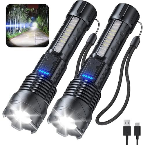 MRDEER Wiederaufladbare LED-Taschenlampe, extrem helle zoombare taktische Taschenlampe mit 7 Beleuchtungsmodi, IPX6 wasserdichte Taschenlampe für Camping, Outdoor, Angeln, Notfall (2 PC)