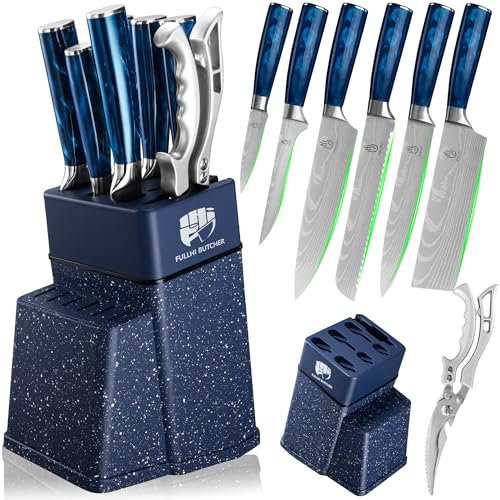 FULLHI 8-Piece Block Knife Set, Chef's Knife Set with Block and Sharpener, Kitchen Knives Set, Multicoloured Handle, Gifts for Men Women (Blue Resin)