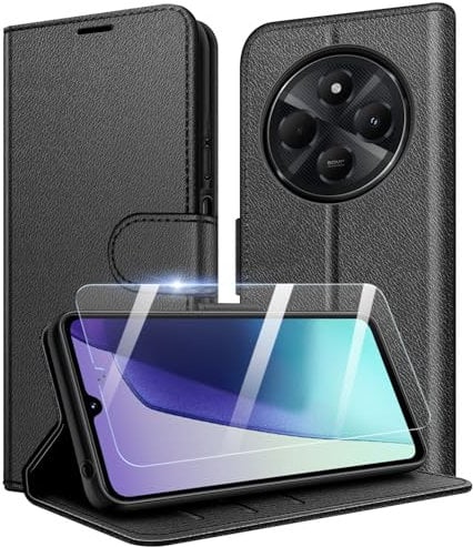 New&Teck Custodia per Xiaomi Redmi 14C / Redmi A4, [chiusura magnetica a patta ], [custodia a portafoglio in pelle], [multifunzionale] + 1 x [vetro temperato di protezione] (nero)