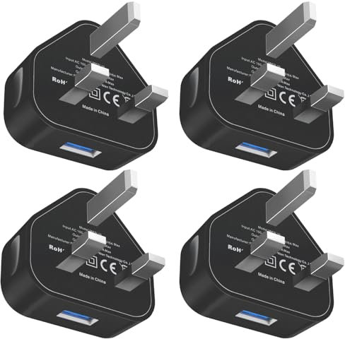 USB Plug for iPhone, USB Charger 4-Pack, 5V 1A Power Plug Black, UK 3 Pin Multiple Wall Charging Adapter Multi Mains Chargers for iPhone 14/14 Pro/14 Plus/14 Pro Max/13/12/11/XR/XS Max/SE/8/7/6/5