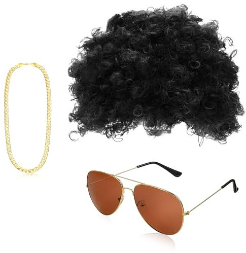 YUNHENTONG Perücke 70er 80er Mit Goldkette Sonnenbrille Hippie für Karnevalsparty 70er Jahre Männer Outfit Herren Hippie Kostüm Accessoires
