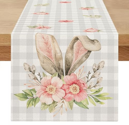 Tischläufer Ostern Frühling 40 x 140 Hase Ostern Tischläufer Waschbar Blumen Saisonnal Tischläufer Frühling Küche Esstisch Dekoration für Esszimmer Drinnen Draußen Urlaub
