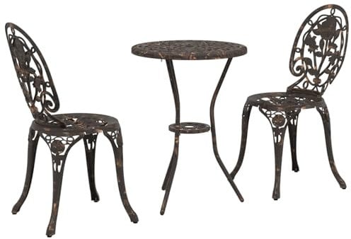 vidaXL 3-teiliges Garten Bistro Set in Bronze aus Gusseisen – Kleine Außenmöbel mit einem Vintage Look für 2 Personen. Perfekt für Balkon oder Terrasse mit Tisch und Stühlen.