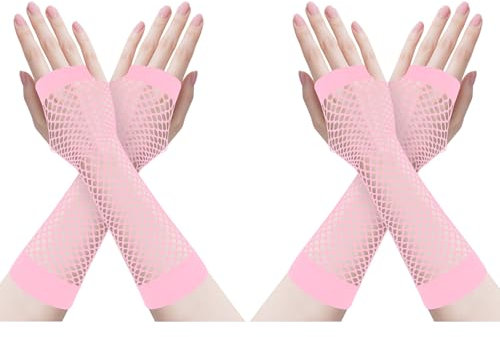 ZTVOWTO 2 Pares Guantes de Rejilla Sin Dedos, de Los Años 80 y 90, Ideales para Halloween, Navidad, Fiestas de Disfraces y Cosplay(Rosa Largo)