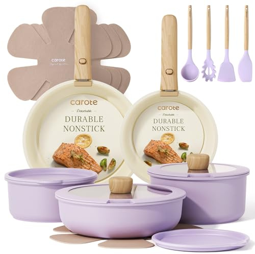 CAROTE Set di pentole e padelle antiaderenti, set da cucina, 15 pezzi, adatti per forno/frigorifero, set di pentole salvaspazio, set antiaderente con manico rimovibile e versatile, set per camper a
