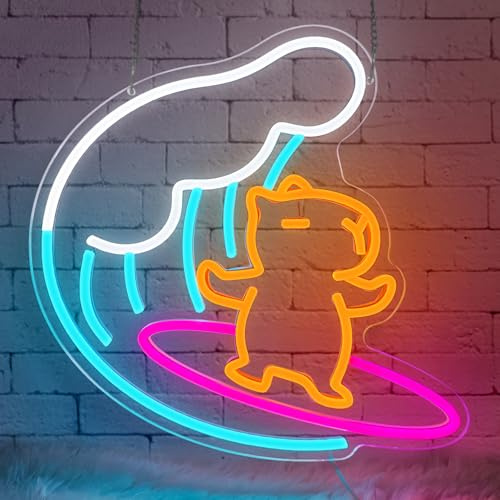 Lxmoneon Surfendes Capybara Neon Schild USB niedliche Tier Nachtlicht | Dimmbar LED Schilder für Kinderzimmer Capybara lustige Leuchtreklame für Kinderzimmer Spielzimmer Bar Strand Party Geschenk