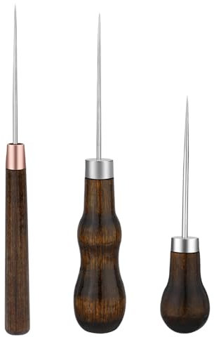 3 Pack Awl Tool, Leather Sewing Awl with 3 Types Gourd Shape Wooden Handle for Leather Punch Craft, Professional Awl for Sewing Punching Crafting, Repair Leather Awl Tool