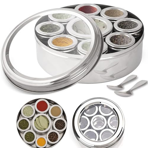 Premium Spice Tin Masala Dabba - Indian Spice Box, Transperent Lid, 9 Compartments with Individual Lids, Highest food grade Stainless Steel Tin, with 2 FREE Serving spoon (22cm, Transparent Lid)