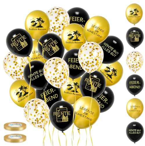 35 Stück Ruhestand Luftballons Schwarz Gold für Rente Deko | Endlich Rentner Latex Ballons Deko Set für Männer Frauen Abschiedsfeier Rente Pensionierung Party, KEIN SPIELZEUG