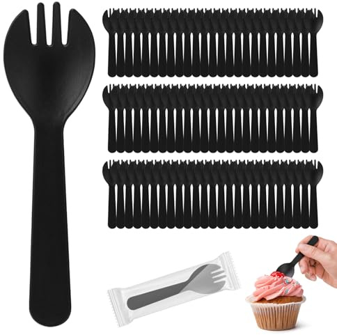 Cofimkate 100Pcs Mini Plastic Spork, 4.2 Inch Individually Wrapped Disposable Cutlery, Small Black Fork Spoon Combo for Desserts, Ice Cream, Cakes, Appetizer, To-Go & Party Use