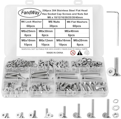 FandWay M6 Schrauben Set,206 Stück Senkkopfschrauben mit Innensechskant,Flachkopf Gewindeschrauben,Sechskantschrauben Edelstahl 304,Maschinenschrauben Muttern und Unterlegscheiben Set mit 1 Schlüssel.