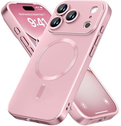 JOMA-E Shop Magnetic for iPhone 17 Pro Case [Compatible with MagSafe][Built-in Camera Lens Protector] Matte Soft Silicone Bumper Shockproof Metallic Luster Phone Shell (Rose Gold)