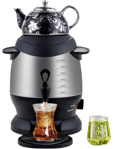 Macchina per il tè turco, Samovar elettrico da 1800 W con teiera in acciaio inossidabile da 5 litri e teiera in ceramica da 1 litro, funzione di mantenimento in caldo, per caffè, tè profumato black