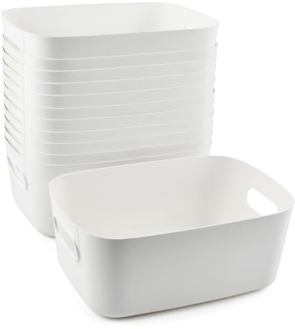 POUMUE 12 Cajas Almacenaje Plastico, Cajas Organizadoras de Plastico con Asas, Cestas Almacenaje Cesta de Ordenación, Cesta de Almacenamiento de Plástico para Cocina, Baño, Armario, Oficina (Blanc)