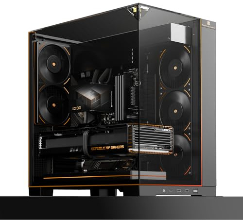TR A70 ARGB Schwarzes ATX Gaming-Gehäuse, dreiseitiges säulenlosem Panoramaglas-Panel, 8 CPU-Lüfterplätze, 4-Wege-Luftzirkulation, werkzeuglose vertikale Fallschutz + panoramische Lichtleiste.