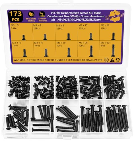 173PCS M3 Flat Head Machine Screws Kit, Carbon Steel Black Oxide Countersunk Head Phillips Screws Assortment, M3*5/6/8/10/12/16/18/20/25/30mm Metric Screws for Electrical Repair, Switch Box