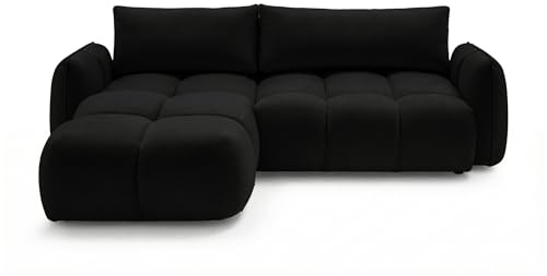 SOFILAND Ecksofa BELVEO mit Schlaffunktion und Bettkasten L-Form Ausrichtung Links Stoff Bluvel (Schwarz, Links)