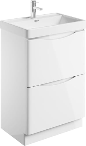 Go Bathrooms Floor Vanity Unit 600mm Gloss White Ceramic | Gloss white floor-standing bathroom storage furniture unit featuring an integrated white ceramic basin.