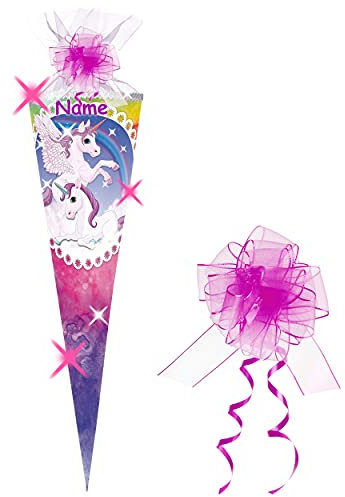 alles-meine.de GmbH mit 3-D Effekt - Glitzer ! Schultüte - Einhorn & Pferd Pegasus - Regenbogen - 70 cm - rund - incl. Name und Schleife - Organza Abschluß - Zuckertüte -..