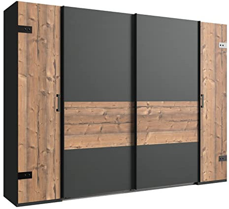lifestyle4living Kleiderschrank in Silber-Tanne, Graphit-Grau, 270 cm, 2 Kleiderstangen, 10 Einlegeböden | Hochwertiger Industriedesign Kombi Schwebetürenschrank