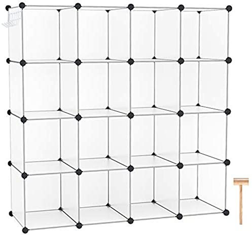 C&AHOME Cube Storage Organizer, 16 würfelförmige Regaleinheiten, Schrankschrank, DIY Kunststoff modulares Bücherregal, ideal für Schlafzimmer, Wohnzimmer, Büro, 124 cm L × 32 B H transparent weiß