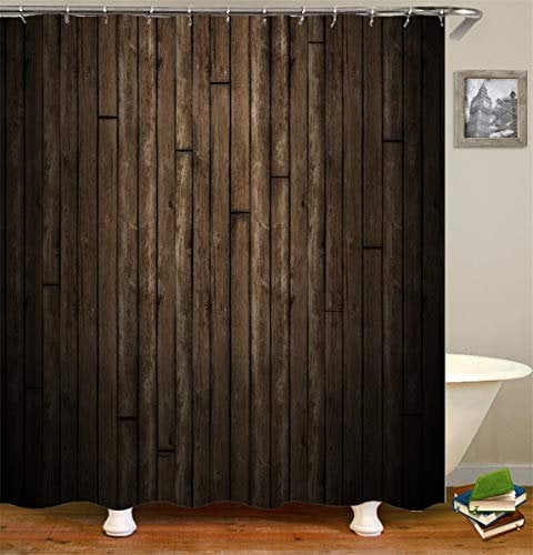 FANSU Tende da Doccia Antimuffa Impermeabile, Moderne 3D Shabby Stampato Poliestere Resistente Tessuto Lavabile Tenda della Vasca da Bagno con 12 Ganci (90x180cm,Venatura del Legno Marrone)