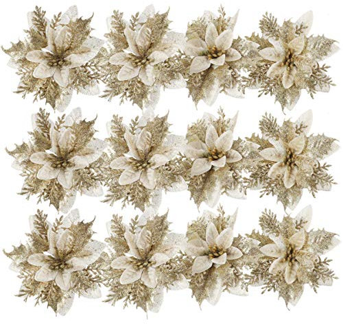 Toddmomy 24 Stück Weihnachtsstern Weihnachtsstern Dekorationen Glitzern Künstliche Weihnachtsblumen für Weihnachtsbaumschmuck (Golden)