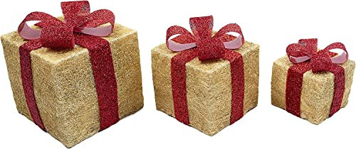 SHATCHI Light Up Christmas Parcels Pre-Lit Battery Operated LED Glitter Sisal/Rattan Xmas Presents Holiday Home Novelty Decorations Set of 3 – Gold/Red/Cream/Tartan, 25cm/20cm/15cm