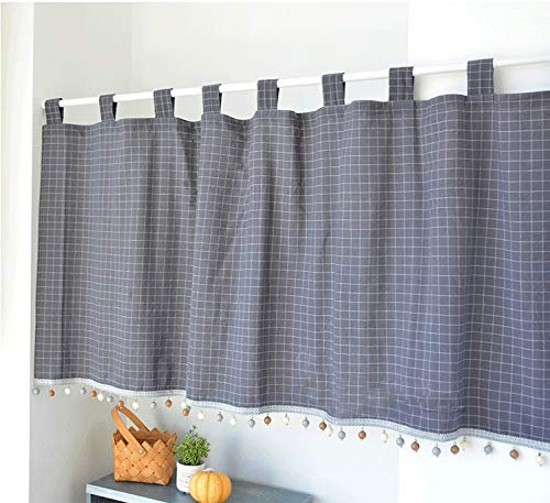 Yaland Elegant Schlaufenschal karo Gardine Karierte Küche Gardine Scheibengardine mit Kugeln-Kante Landhausstil Bistrogardine mit Raffhalter (HxB 50x140cm, grau) 1 Stück