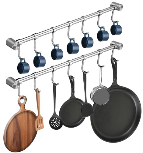 Pot Hangers 2 Pack - 16 Inch Wall Mount Or Under Cabinet Hanging Bars With 7 Sliding Hooks Per Rods, Heavy Duty Pot Rack Kitchen Organizer 304 Stainless Steel Utensil Hanger Versatile Space Saving