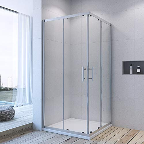 Duschkabine Eckeinstieg 100x100 x 185 cm Schiebetür Glas Eckdusche Duschabtrennung Duschtrennwand Glaswand Duschwand Doppel Duschtür Alumuniumprofile silber matt ESG Sicherheitsglas Echtglas AQUABATOS