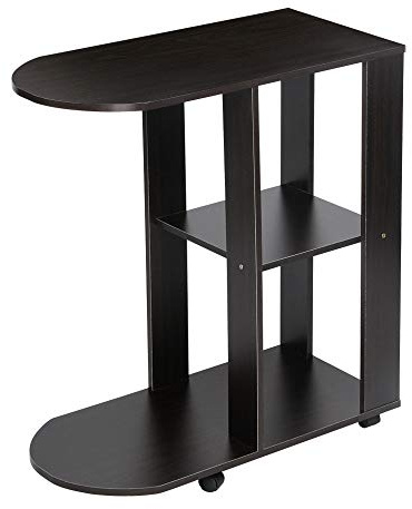 Menaka Living Room Small Sofa Side Table Little Coffee Table with Storage Shelves, C-Shaped Mobile Cart End Table Corner on Wheels Movable Tea Snack Table Bedroom (Black Walnut)