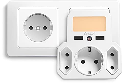 Unidapt USB-Steckdose mit Nachtlicht, 6-in-1, 2 USB, Dimmbares Nachtlicht | Mehrfachsteckdose mit Dämmerungssensor, 2 Eurosteckdosen und 1 Schuko, kompatibel mit iPhone, Smartphone und Laptop