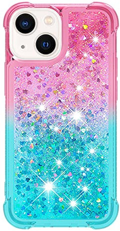 iPhone 13 Mini Case Glitter 3D Cute Bling Sparkle Quicksand Flowing Liquid Clear Transparent TPU Gel Silicone ShockProof Protective Phone Cover for iPhone 13 Mini Case Girls, Pink & Blue