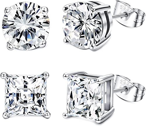 MILACOLATO 2 Paar Sterling Silber Ohrstecker für Damen Herren 18 Karat Weißgold Plattierte Ohrringe Runde Quadratische Simulierte Diamant CZ Ohrstecker