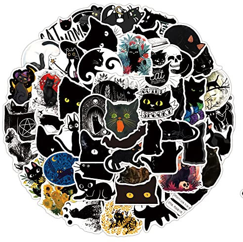 Bric dodo 100 Pcs Cute Black Cat Kawaii Stickers, Vinyl PVC Waterproof, Reusable, For Laptop, Skateboard, Car, Bike, Travel Case, Outdoor Use