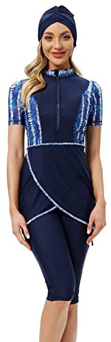 Burkini Damen Muslim Frauen Muslimische Bademode Modest Tankini Islamisch Arabisch Jilbab Kurzärm Schwimmoberteile+Schwimmhose+Hijab Kopftuch Khimar 3tlg Ganzkörper Neoprenanzug Schwimmanzug Blau M