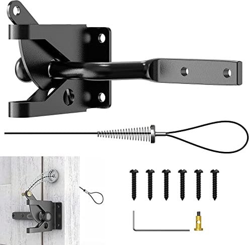 Linkidea Self Locking Gate Gravity Latch, Carbon Steel Spring Loaded with Adjustable Gate Latch Cable Pull, for Metal Wooden Fences (Black Kit)