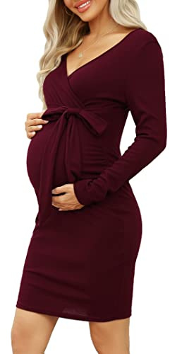 KOJOOIN Damen Umstandskleid Enge Langarm Stillkleid V-Ausschnitt Schwangere Kleider Mutterschaft Schwangerschaft Knielanges Partykleid mit Gürtel (Verpackung MEHRWEG), A-Weinrot, XXL