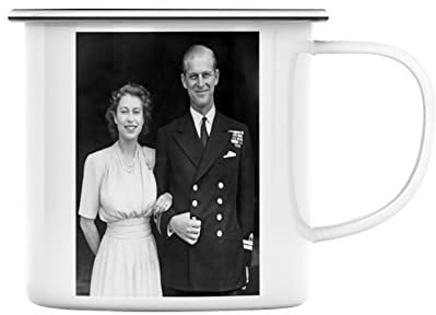 Fabulous Enamel Metal Mug 284ml Queen Elizabeth Prince Philip 1945 II Queen of England Vintage