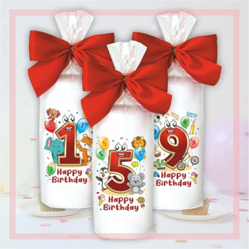 Stumpenkerze - Geburtstagskerze zum 8. Geburtstag, Happy Birthday - Motive auf Tattoofolie | Geschenkfolie und Schleife | Kerze mit Geburtstagszahl Zahl in Geschenkverpackung zum Kindergeburtstag