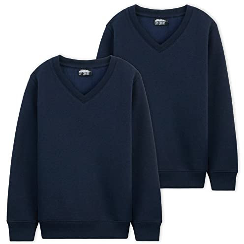 CityComfort Boys V Neck Sweatshirt with Long Cuffed Sleeves (Navy - 2 Pack, 5-6 Years)
