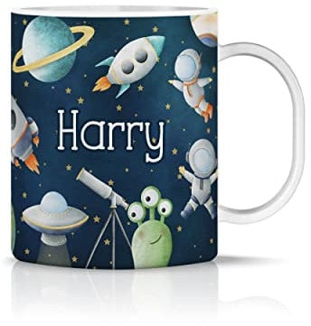 iCaseDesigner Personalised Childrens Mug - Unbreakable Lightweight Polymer - Add Your Own Name - Spaceman Alien Planets
