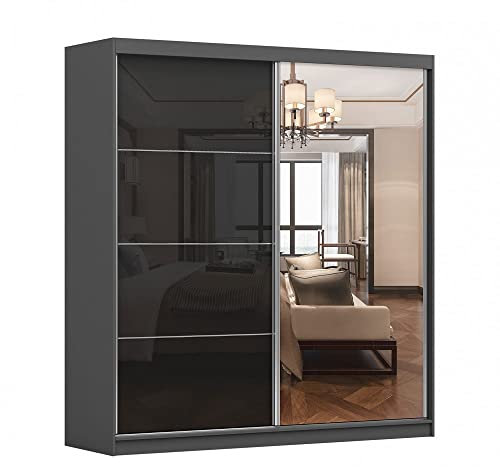 Kleiderschrank M31 mit Spiegel 203 cm, Schwebetürenschrank, Garderobeschrank Schlafzimmer; Wohnzimmerschrank; Korpus Schrank Farbe: Graphit; Farbe der Schrankfront: Schwarz Hochglanz- 2 Schiebetüren