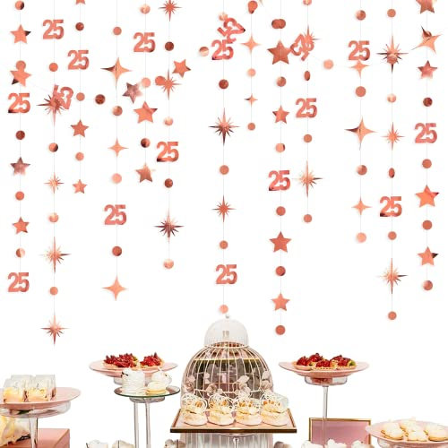 Rose Gold 25th Birthday Decorations Nummer 25 Kreis Dot Twinkle Star Girlande Metallic Hanging Streamer Hintergrund für Mädchen 25 Jahre alt Geburtstag Offizielle Teenager Party Supplies