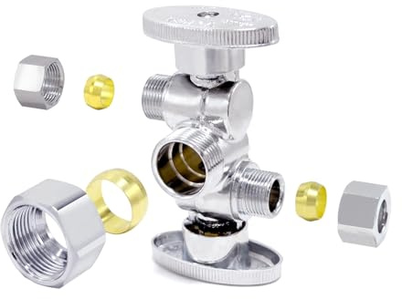 TTFLEX 1/4 Turn Dual Compression Outlet Angle Stop Valve with 2 Shut Off Valve/Handles, 1/2 NOM (5/8 OD) x (3/8 inch x 3/8 inch) Chrome 3-way Faucet Toilet Shut Off Valve