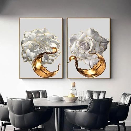 Weiße Rose, Blume, goldener Tintenspritzer, abstraktes Poster, nordische Kunst, Pflanze, modernes Wandbild für Wohnzimmerdekoration, 70 x 90 cm (28 x 35 Zoll) x 2, rahmenlos