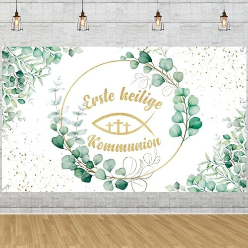 Kommunion Deko Banner 185x110cm, Groß Erstkommunion Erste Heilige Kommunion Dekoration Gold-Grün Neutral Hintergrund Hängedeko für Junge Mädchen Wand Party