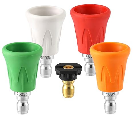 FIXFANS Pressure Washer Nozzle Guard, Stainless Steel High Power Washer Nozzle Tips Set with Upgraded Rubber Protector Cover, 5Pcs Pressure Washing Nozzle Holder with 1/4 Quick Connect, Orifice 4.0